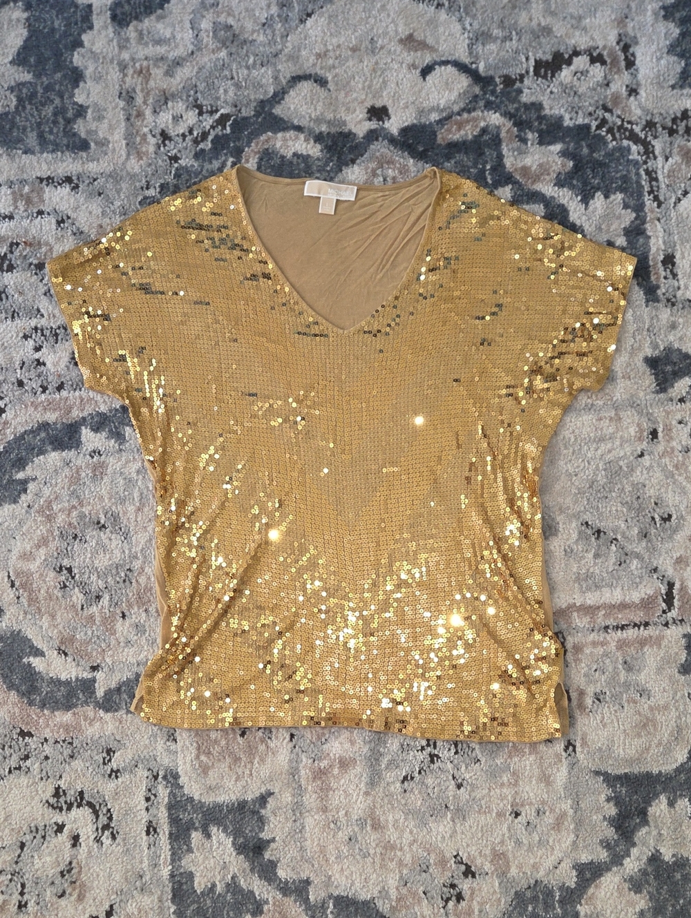 Michael Kors Gold Sequin V-Neck Short Sleeve Top